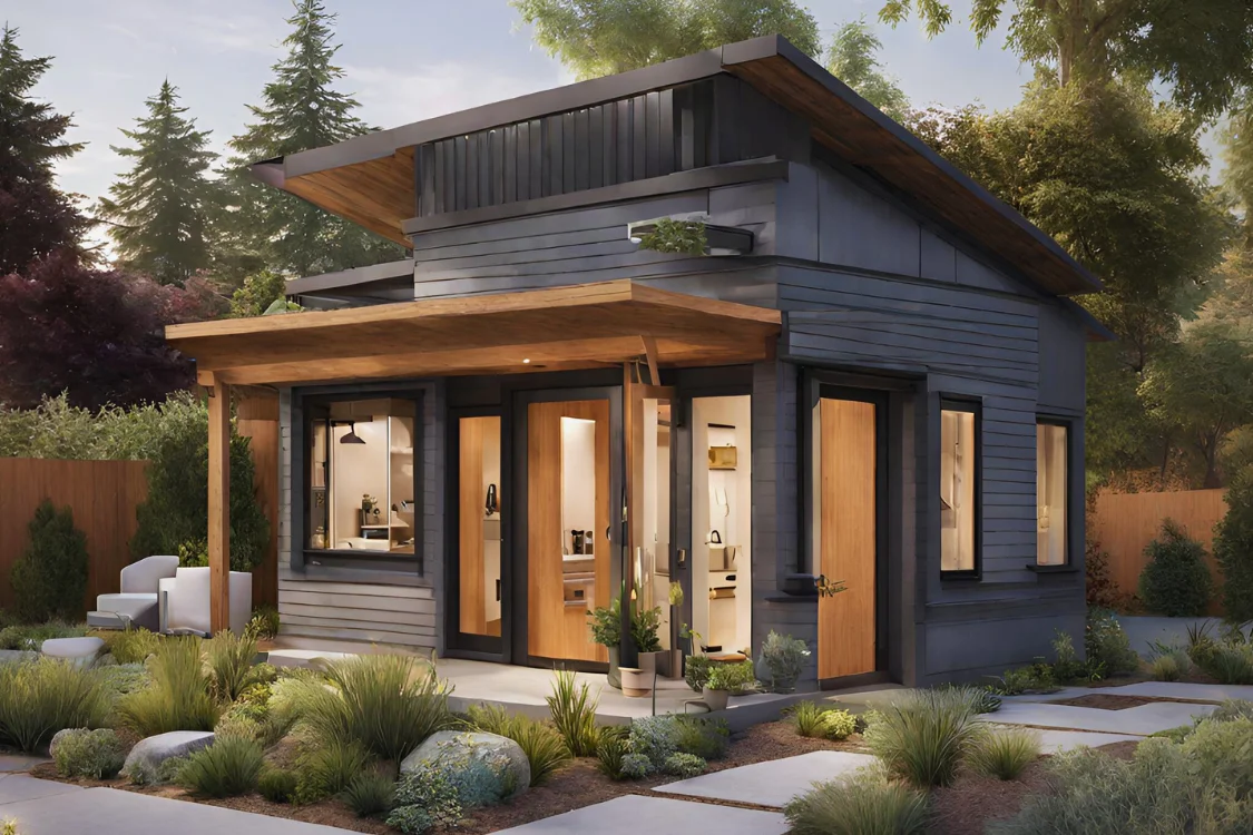 modern detached accessory dwelling unit (adu) with stylish wooden accents and landscaped garden by bb-builders pro
