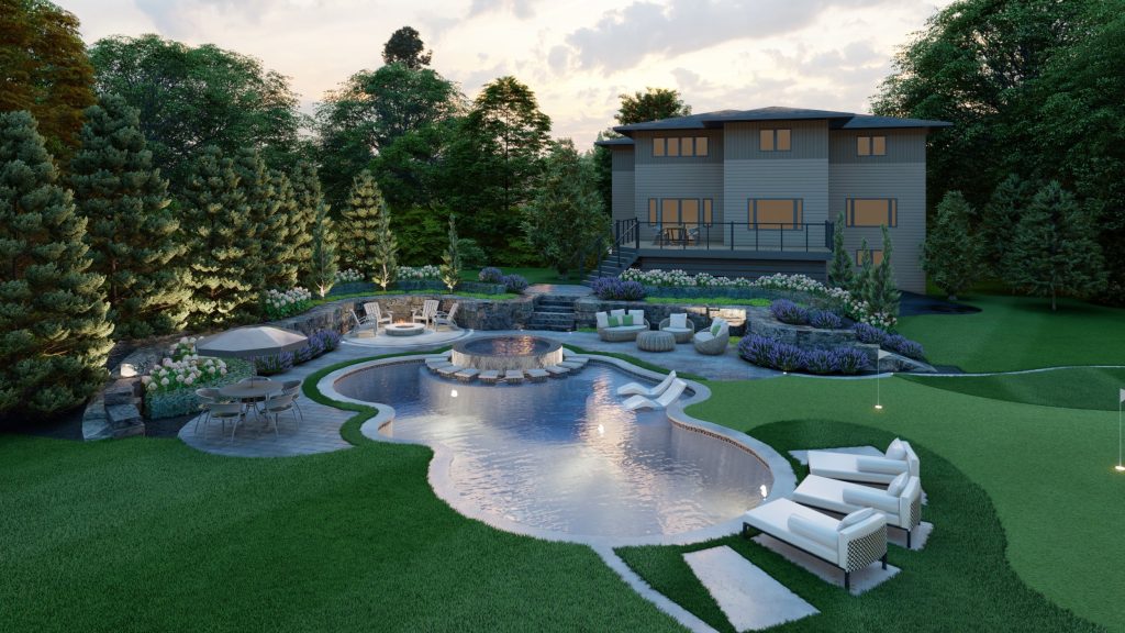 luxurious backyard with custom swimming pool, fire pit, and outdoor seating area by bb-builders pro