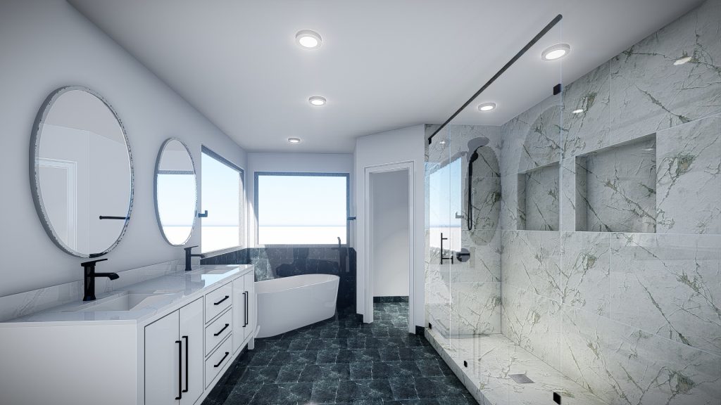 luxurious bathroom with walk-in shower and freestanding tub