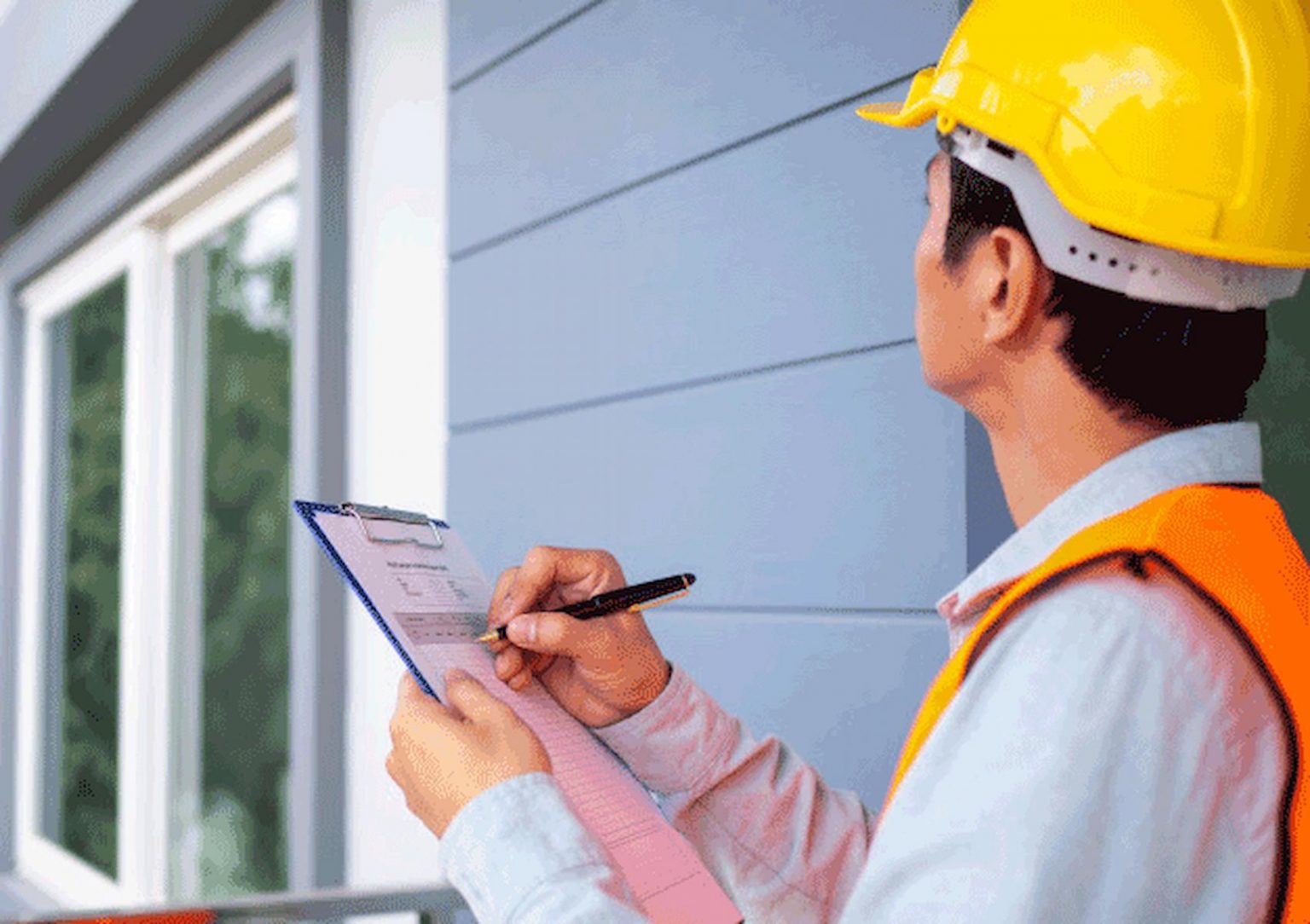 construction inspector wearing a yellow hard hat and orange vest, conducting an inspection with a clipboard in hand.