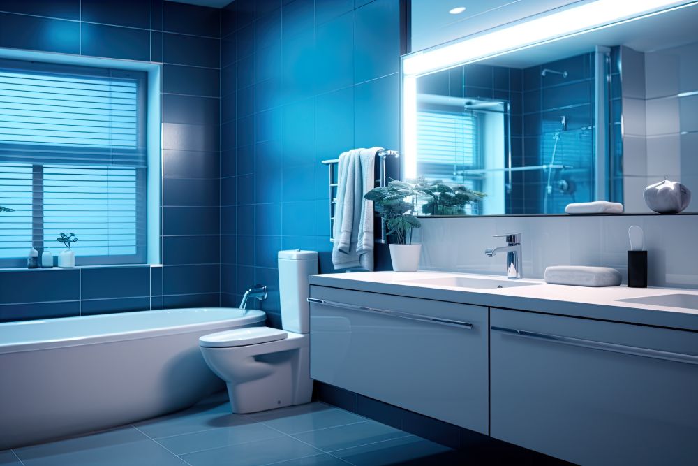 bathroom design heavily customized with mood lighting and custom vanity