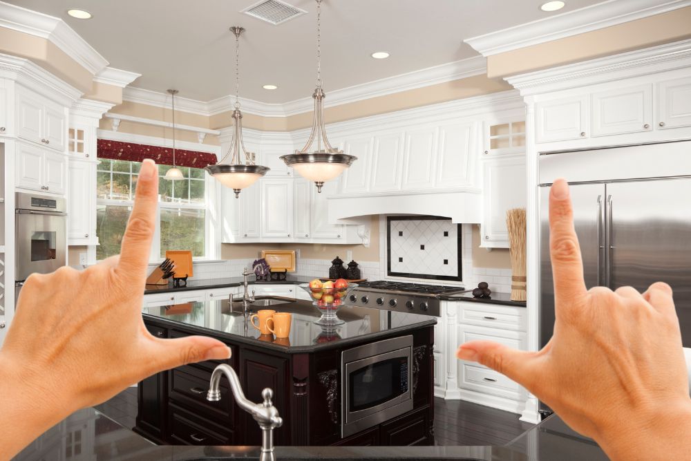 a highly personalized kitchen remodel framed with a person's fingers