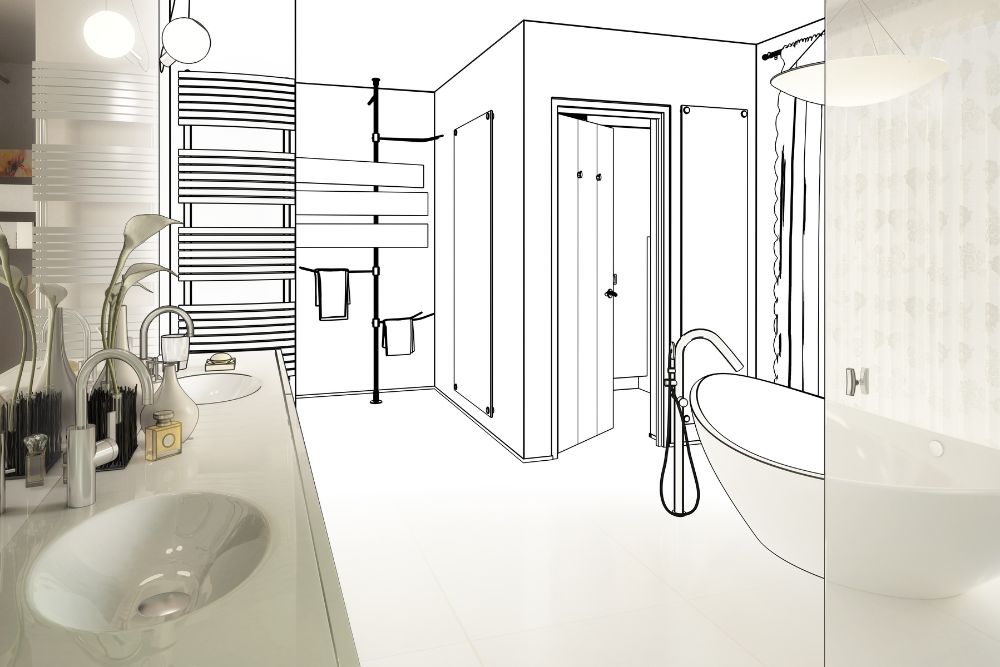 partial linework-style rendering of a bathroom 3d model