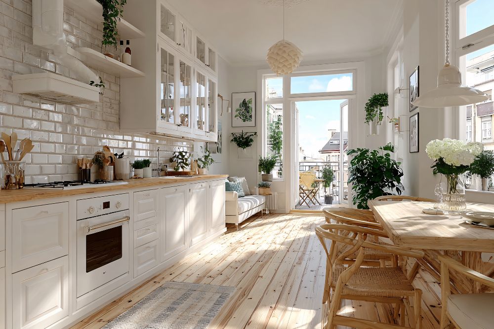 rustic kitchen featuring natural wood floors, furniture, and countertop