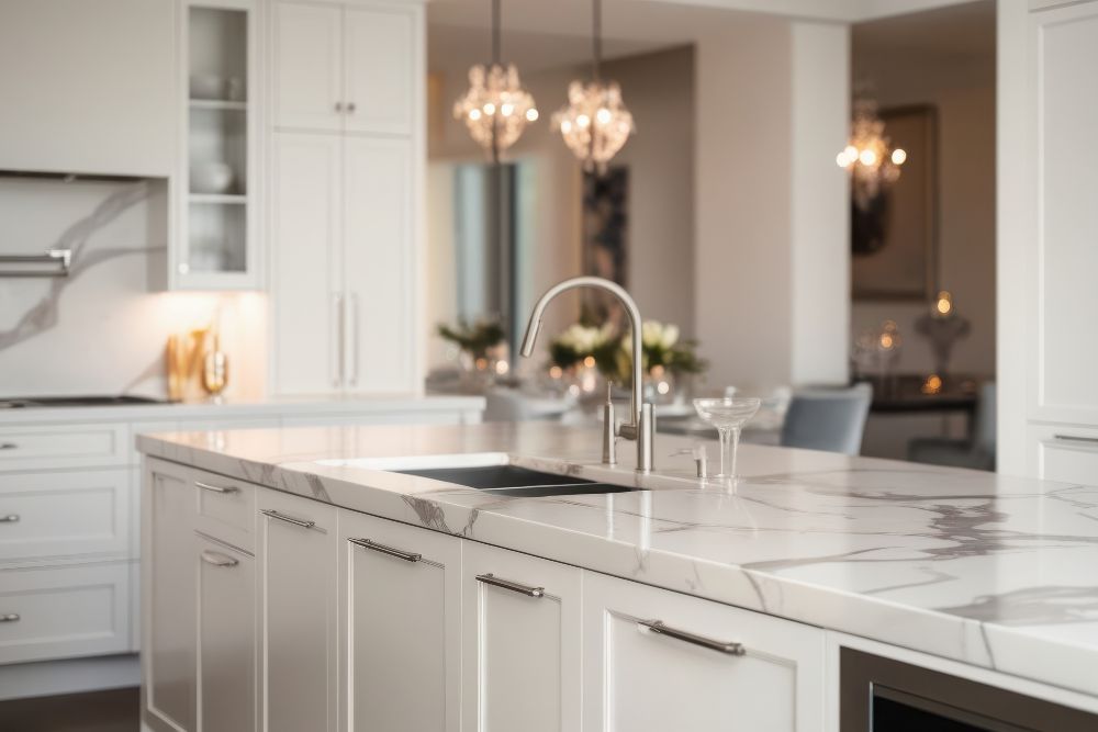 a kitchen island with marble countertop that doubles as a sink, bar, and storage
