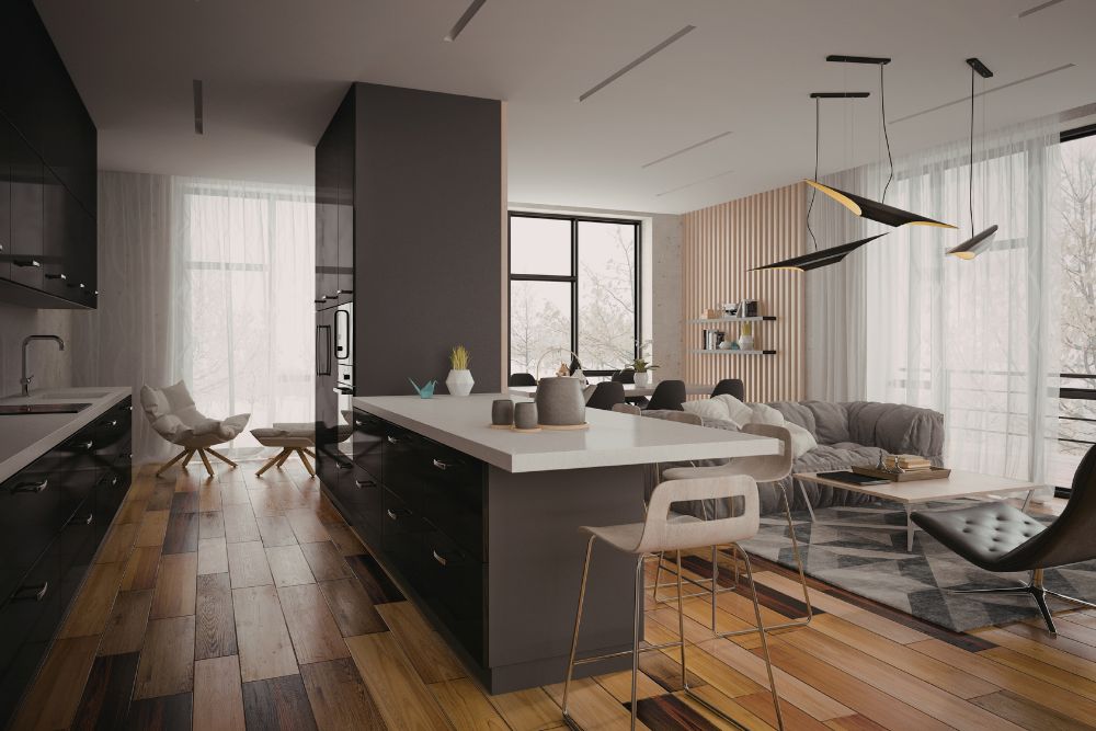 open concept kitchen with wood floors and brown tones