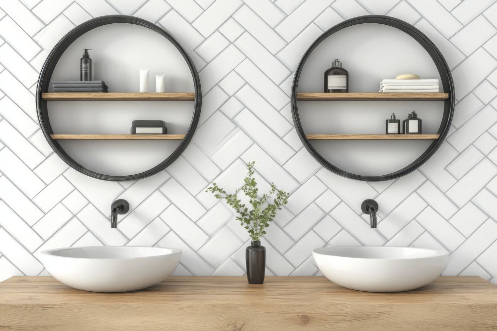 custom two-sink vanity with two circular shelves