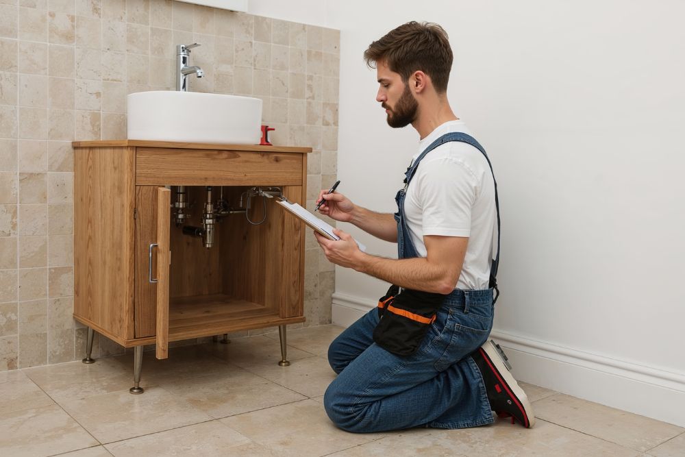 worker with a bathroom remodel checklist inspecting the vanity