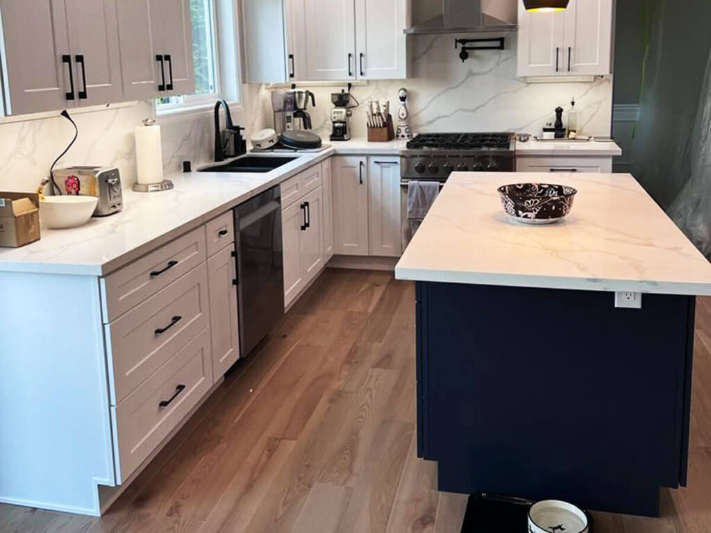 modern kitchen with quartz island countertop