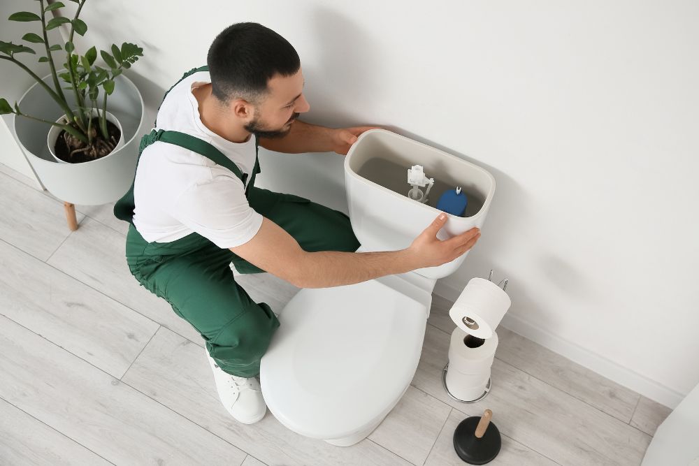 worker improving a toilet seat's usability with a new water closet