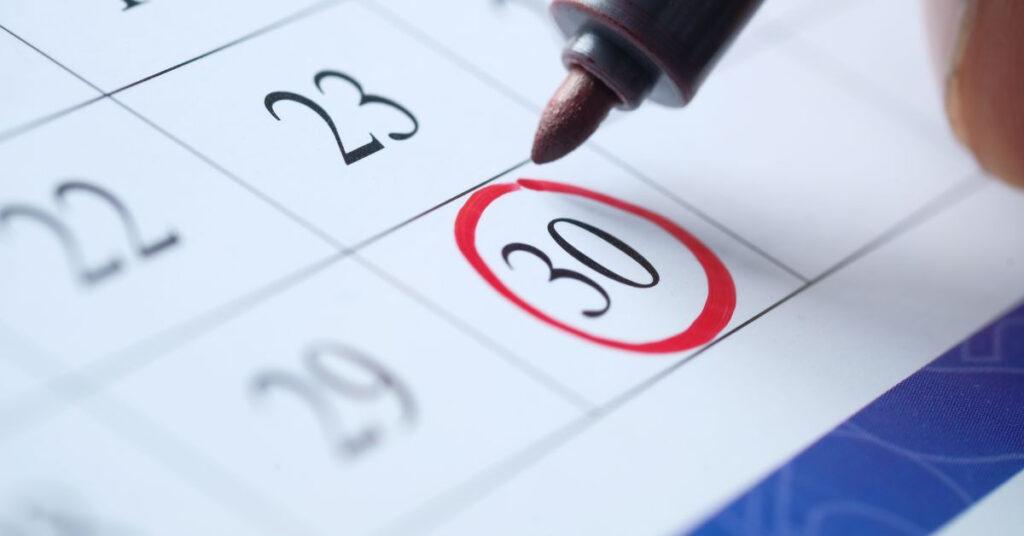 30th marked with a red circle on a calendar