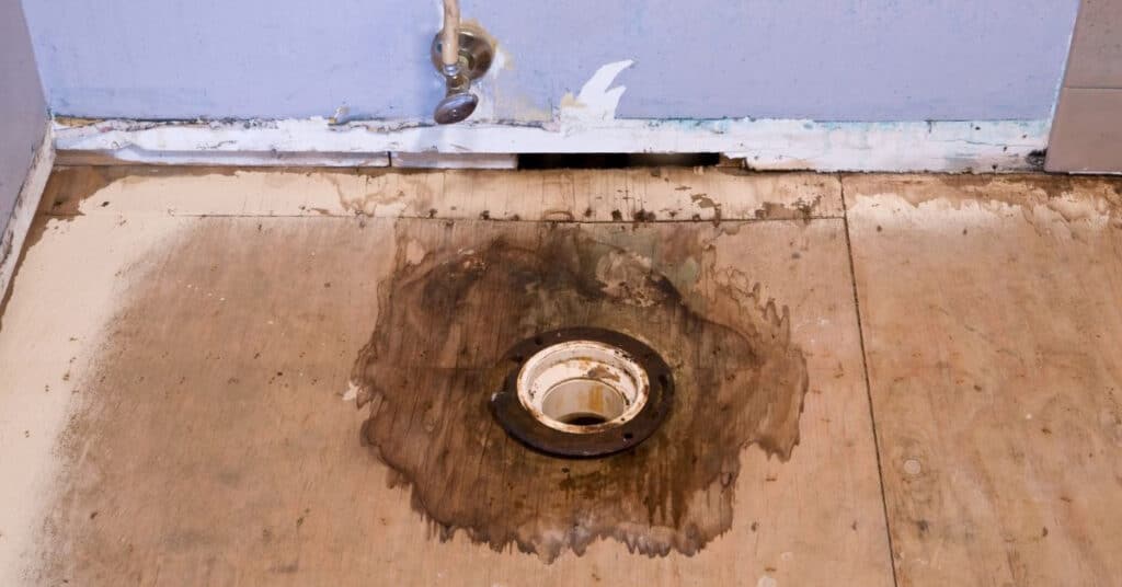 water-damaged bathroom subfloor
