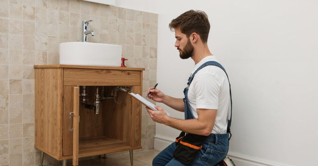 bathroom remodel inspector checking the vanity and its plumbing.