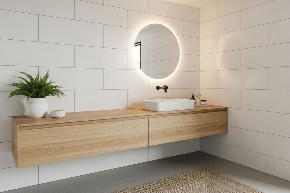 floating wooden vanity with a plant and sink, under a mirror with backlights