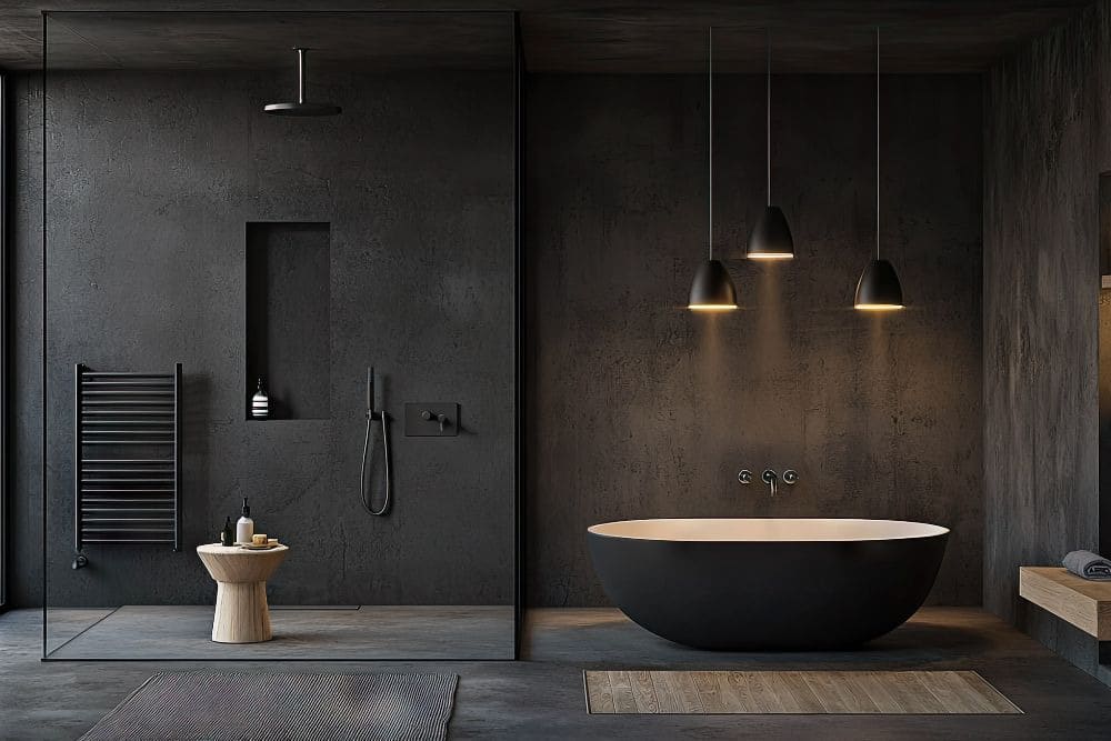 bathroom with black-painted walls, dark wood floors, and white fixture accents