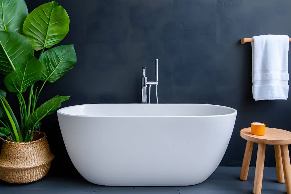 white oval freestanding tub in a dark-colored bathroom
