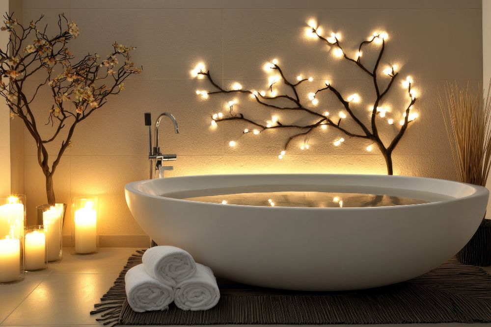 bathtub illuminated by decorative energy-efficient bathroom lighting