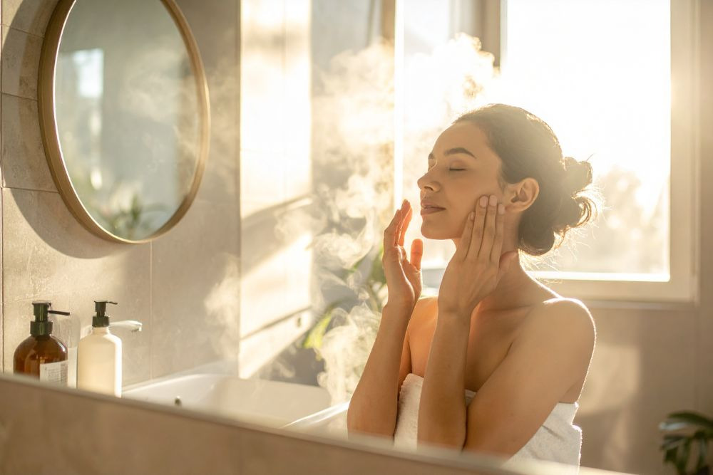 woman retouching in the bathroom