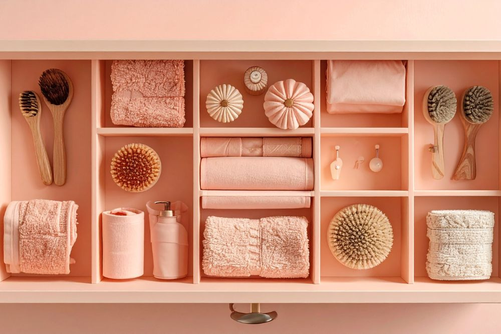 peach bathroom shelving
