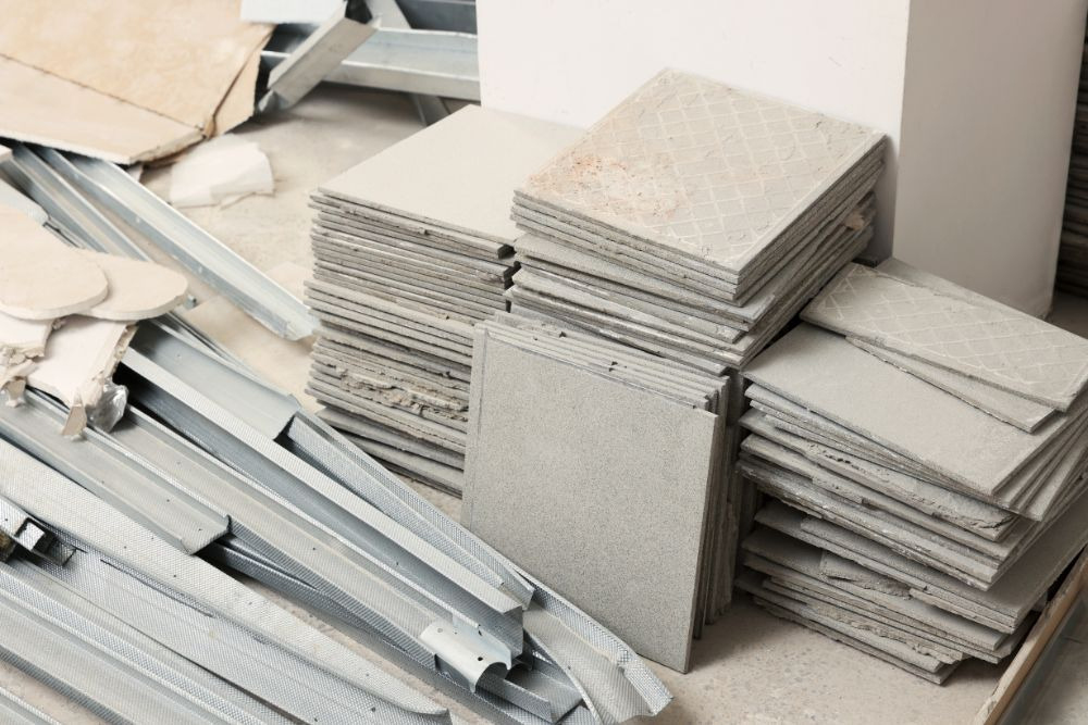 bathroom remodeling materials, including aluminum beams and tiles