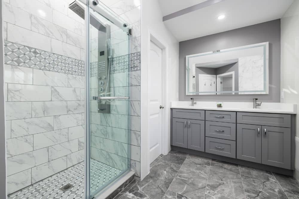 walk-in shower with a smart showerhead and stone tiles
