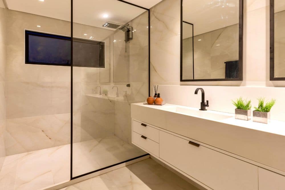 remodeled bathroom with low-maintenance bathroom finishes