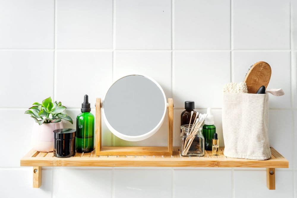 bathroom wall shelf made of bamboo, a sustainable material and one of the best eco-friendly bathroom remodeling options