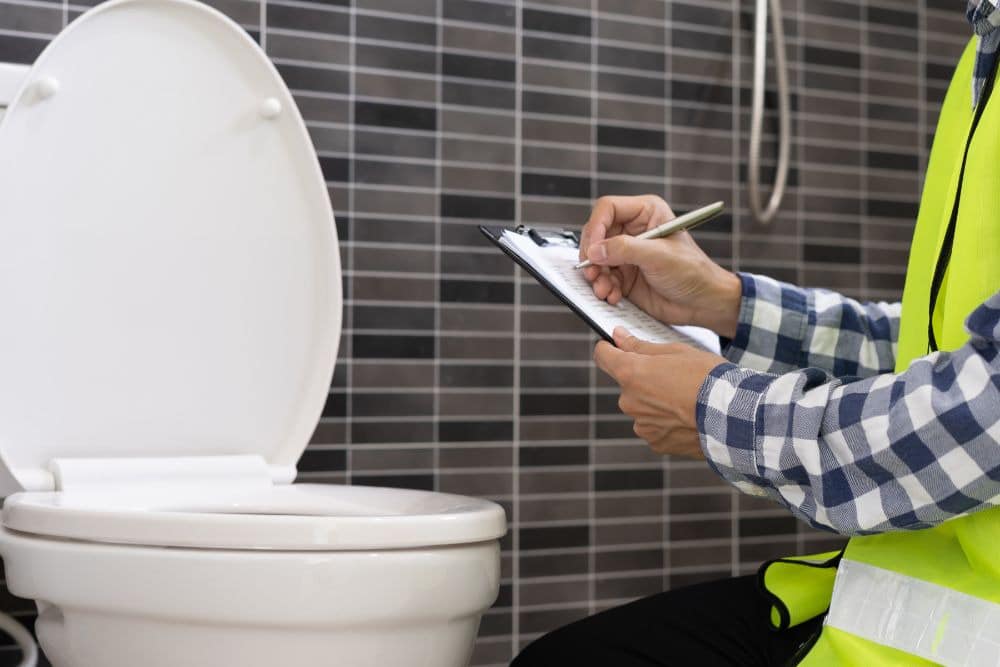 person inspecting a toilet, showing how inspections work for bathroom remodels
