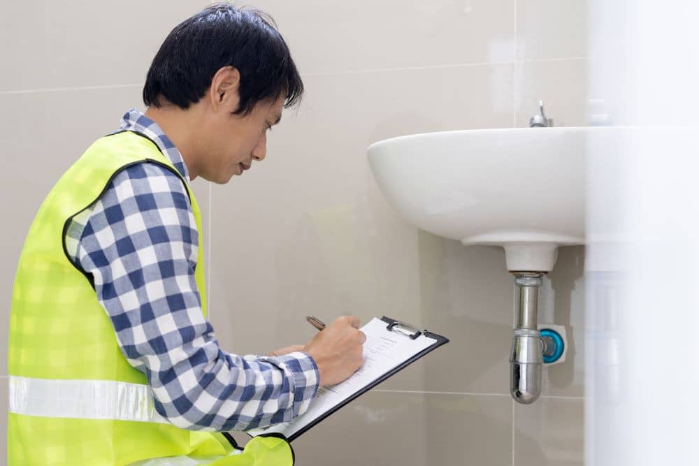 a worker inspecting the bathroom sink