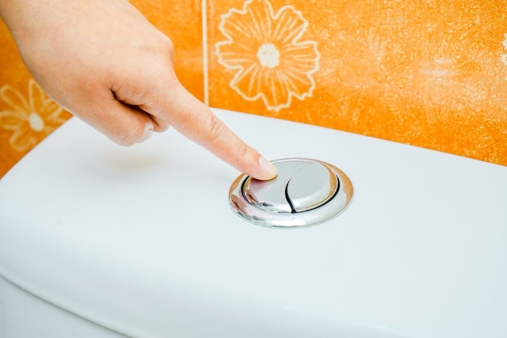 hand pushing on the larger flush button of a dual-flush toilet