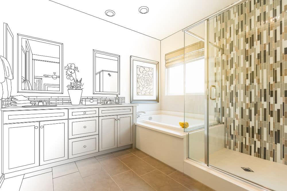 a modern bathroom remodel drawing that transitions into a real-life image of a sleek bathtub connected to a walk-in shower area, highlighting how to plan a bathroom remodeling project seattle from concept to completion.