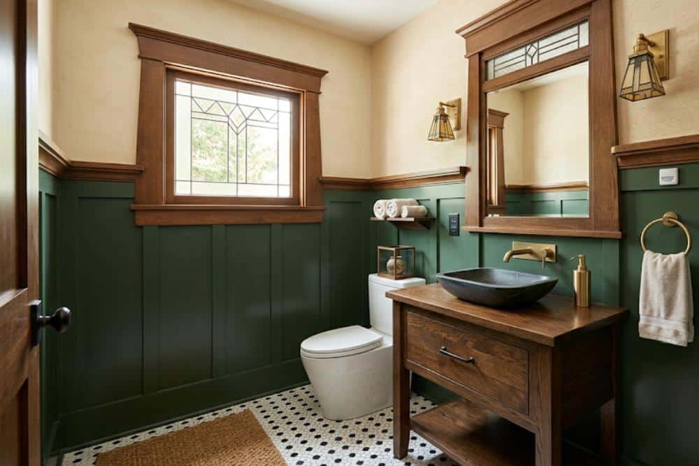 a powder room remodeled to reflect pacific northwest craftsman bungalow aesthetics, featuring natural materials, tapered window casings, prominent wood trim, and handcrafted details