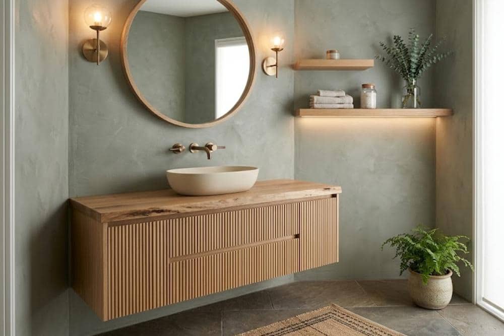 a powder room remodeled to reflect general pacific northwest minimalist aesthetics, complete with natural wood cabinet, shelves, and mirror trim, indoor plants, and soft-colored walls.