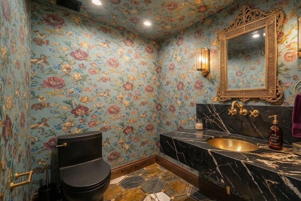 a lavishly remodeled powder room featuring a floral wallpaper that covers the walls and ceilings, geometric tiles, black marble slab vanity countertop, matte black toilet, and bronze fixtures.