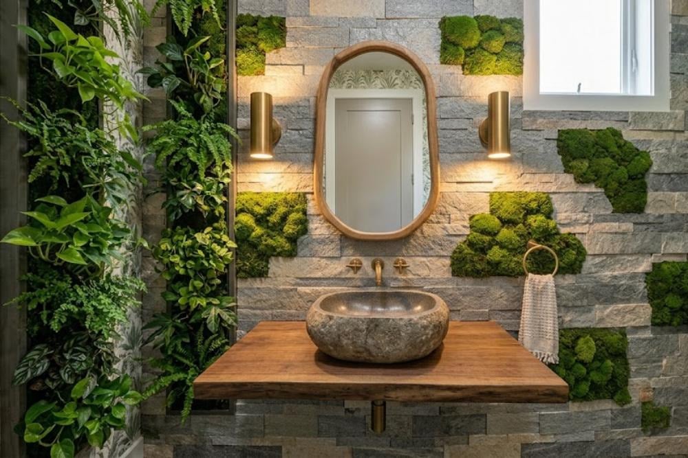 a biophillic powder room featuring a stone sink on a hardwood floating base, with a split-face stone wall with vertical plant tracks and living moss patches.