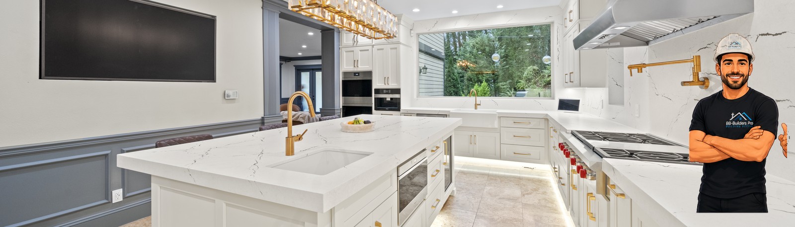 Kitchen remodel cost Seattle — custom kitchen with quartz island remodeled by BB-Builders Pro