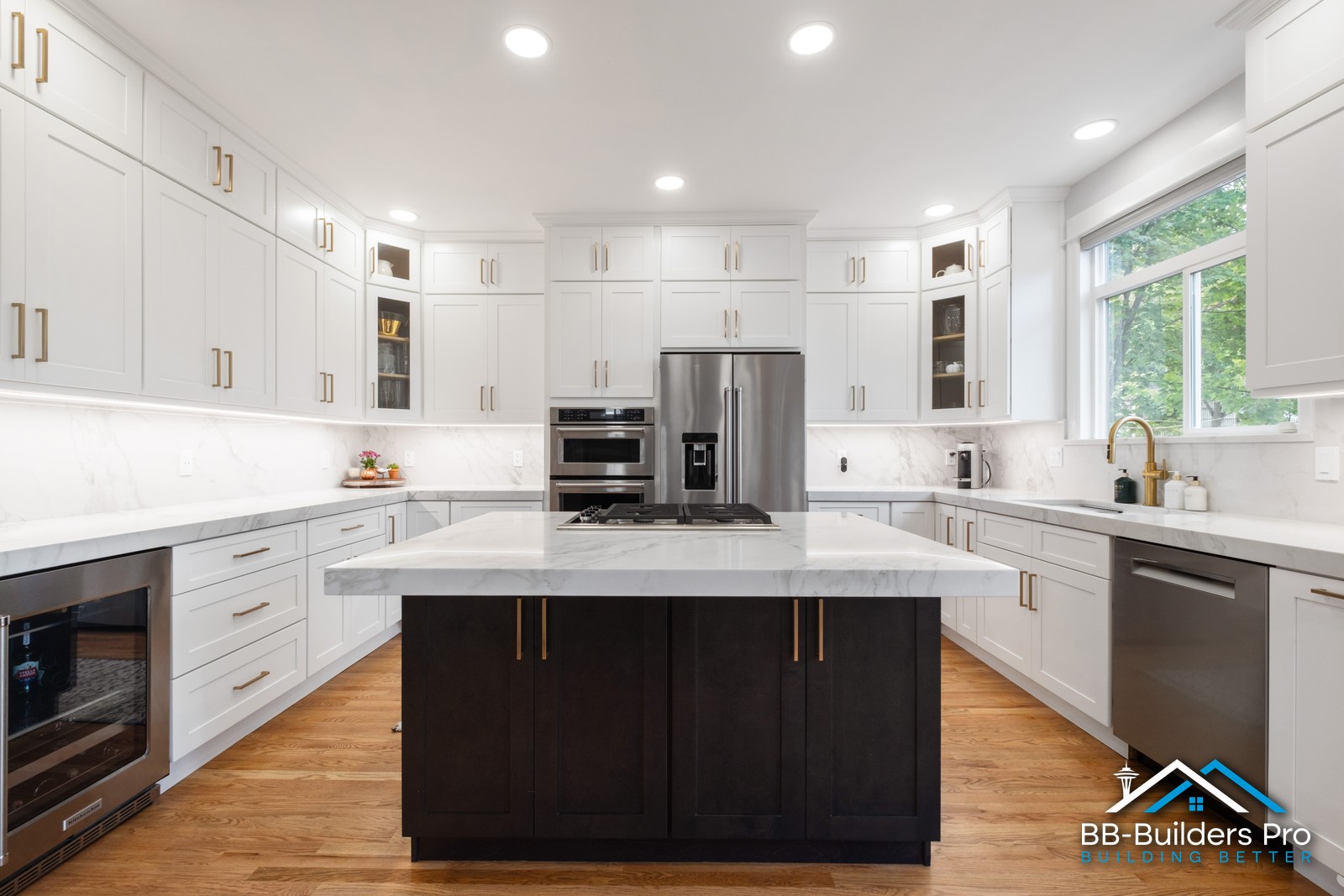 white cabinet kitchen remodel with dark island in the seattle area by bb-builders pro