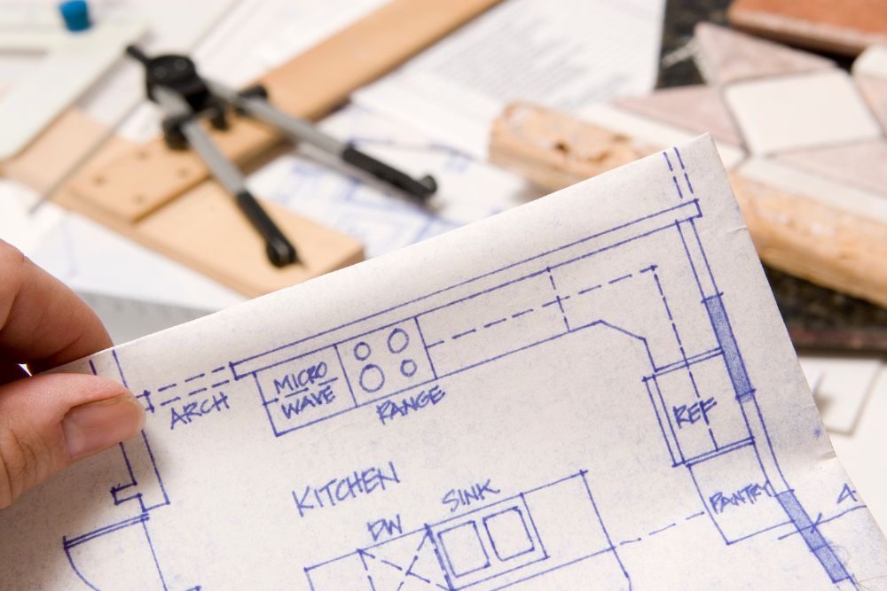 a kitchen blueprint showing a layout with clearances that comply with the seattle residential code