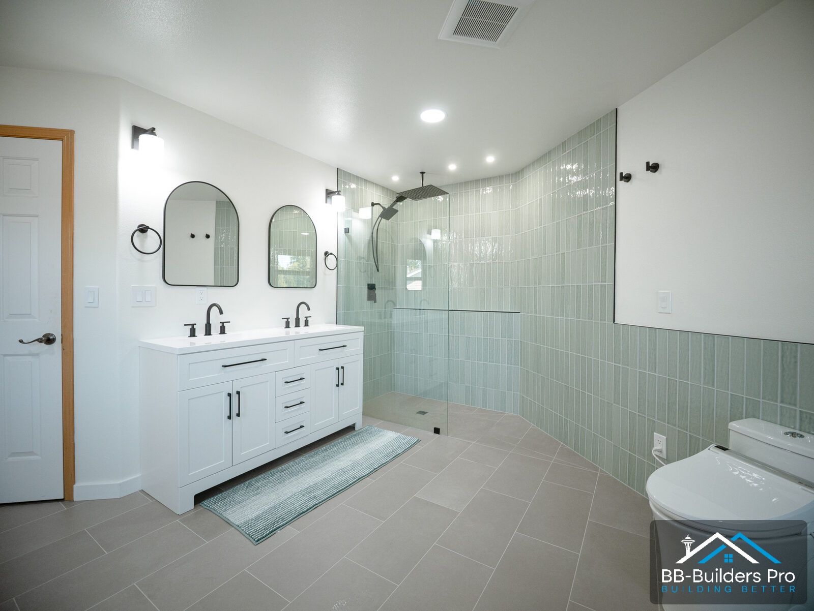 tub to shower conversion result: glass walk-in shower and white double vanity by bb-builders pro