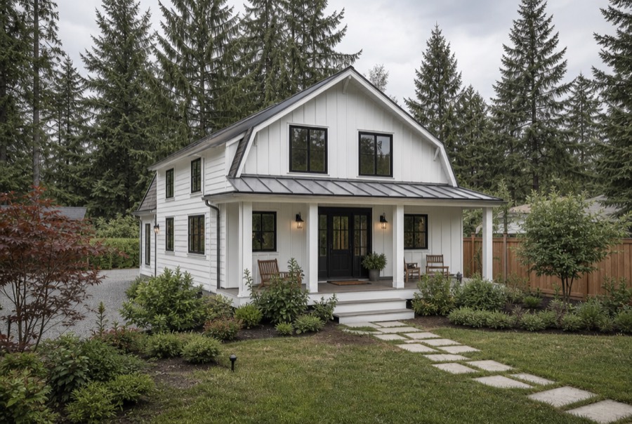 illustrative rendering of a two-story cottage with a steep gable roof