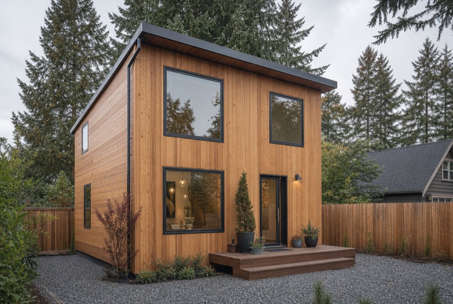 illustrative rendering of a compact two-story wood-clad cottage
