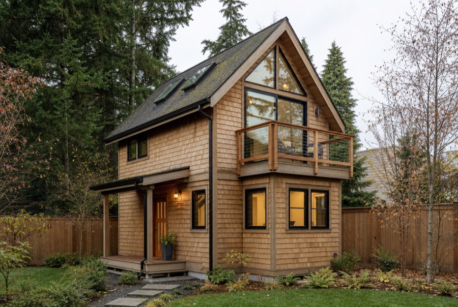 illustrative rendering of a tall gable cottage with living space upstairs