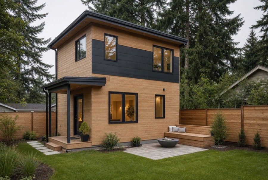 illustrative rendering of a compact two-level family cottage with an entry porch