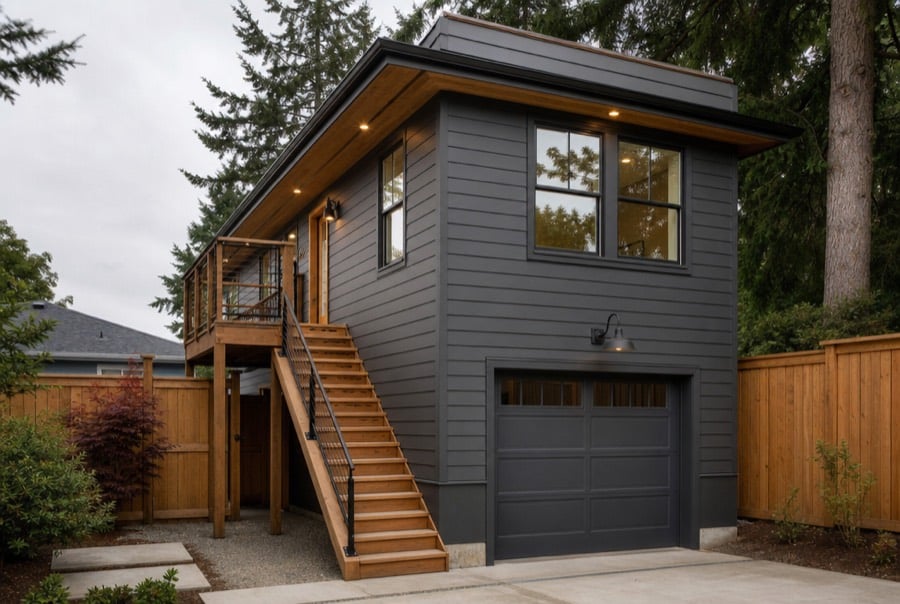 illustrative rendering of a one-bedroom unit above a garage with an exterior stair