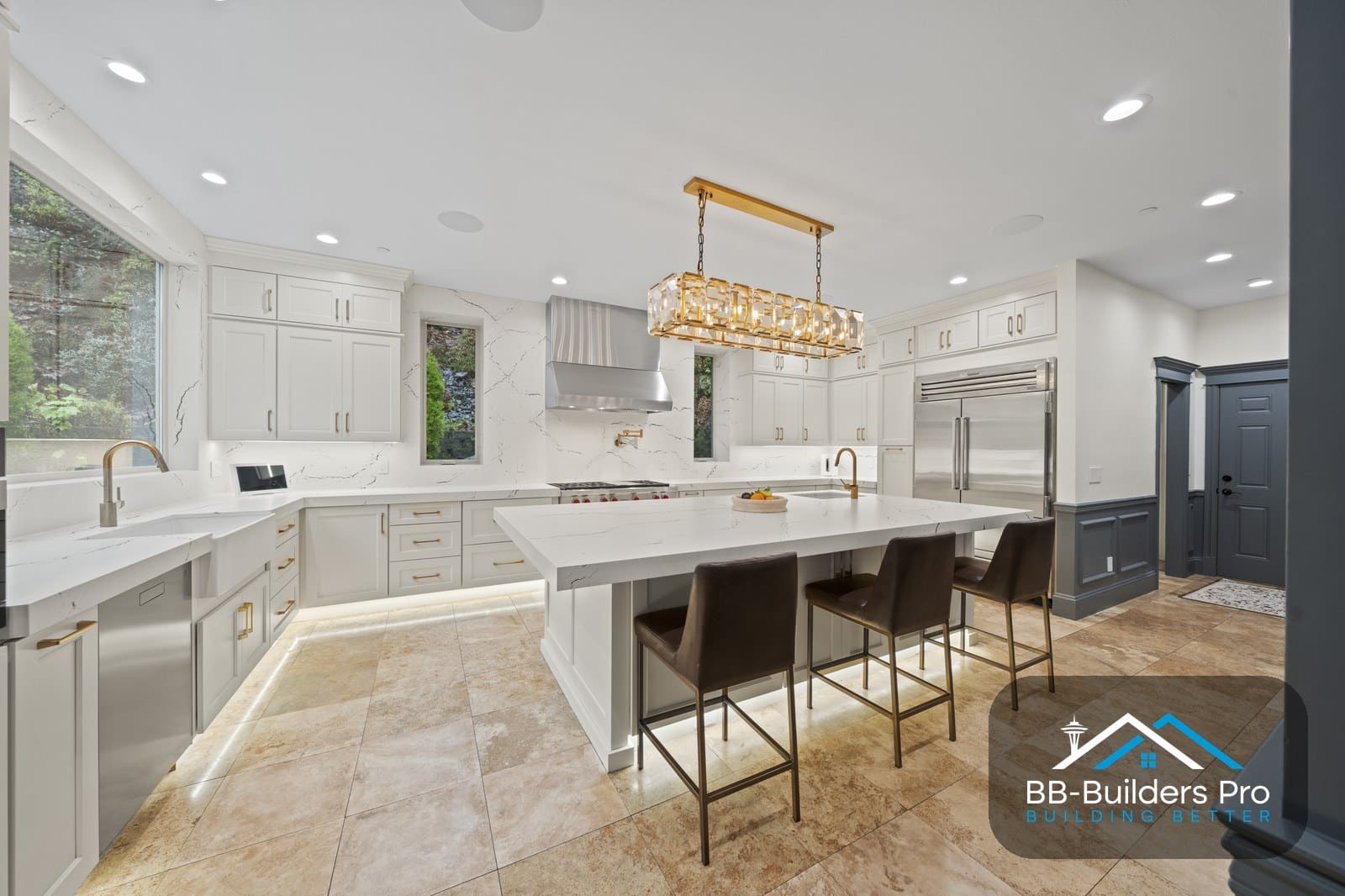 recessed lighting layout in a remodeled eastside kitchen, spaced over the island and work areas