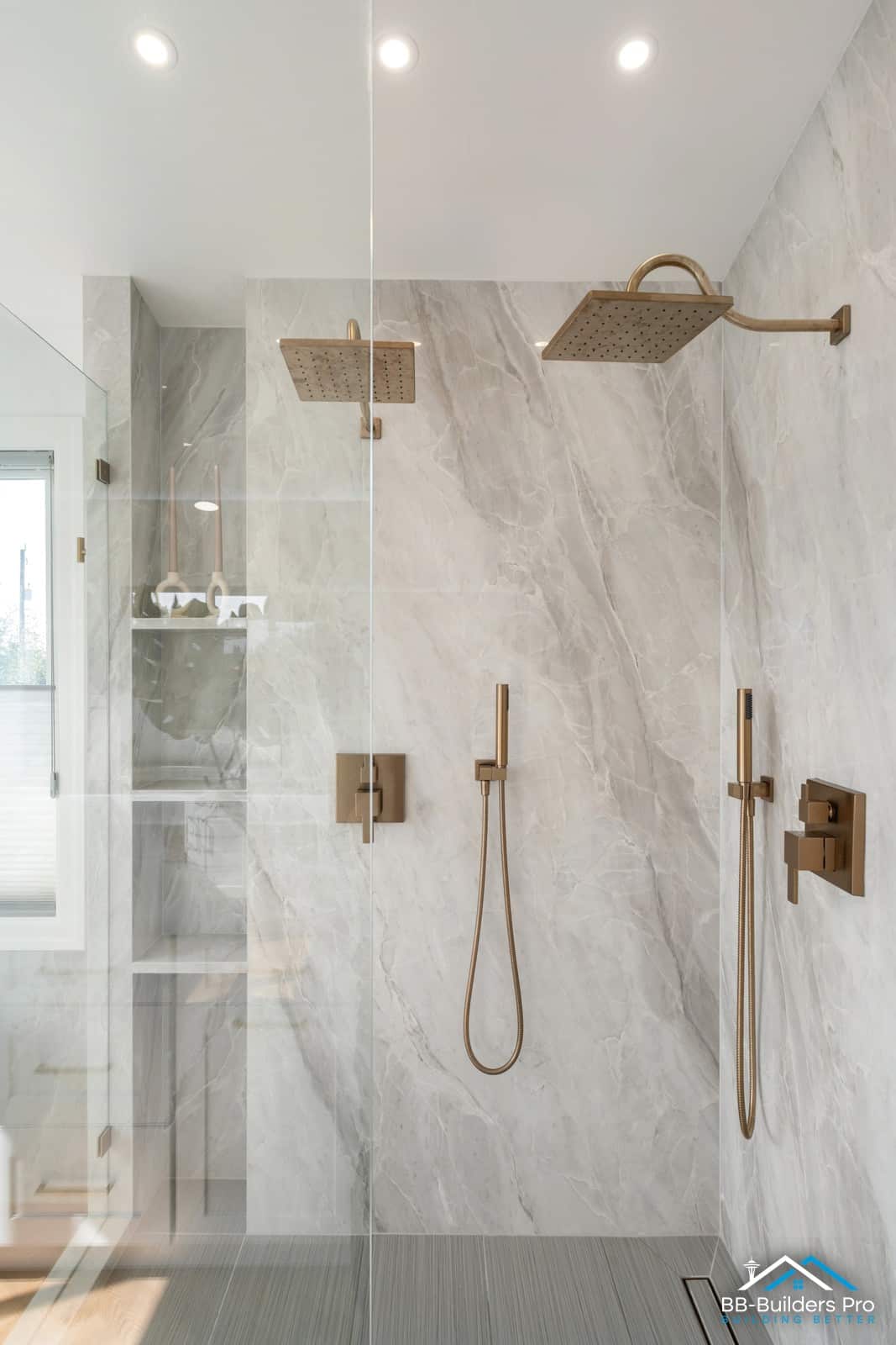large-format porcelain tile shower with linear drain, seattle bathroom remodel